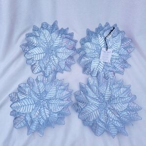 NWT Set Of 4 Akcam Glass Poinsettia Plates Silver Tone Holiday Christmas Winter